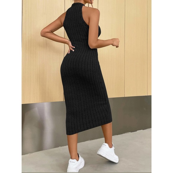 Minimalist Halter ribbed knot Bodycon midi Dress rust orange - Picture 6 of 12